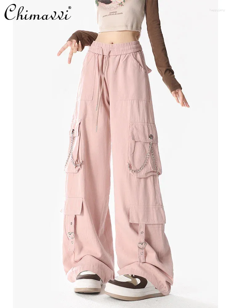Pantalon féminin Sauthoue rose pour femmes 2024 Summer American Hiphop DrawString Multi-Pocket Loose Casual Laig-Leg Lieg-Laig