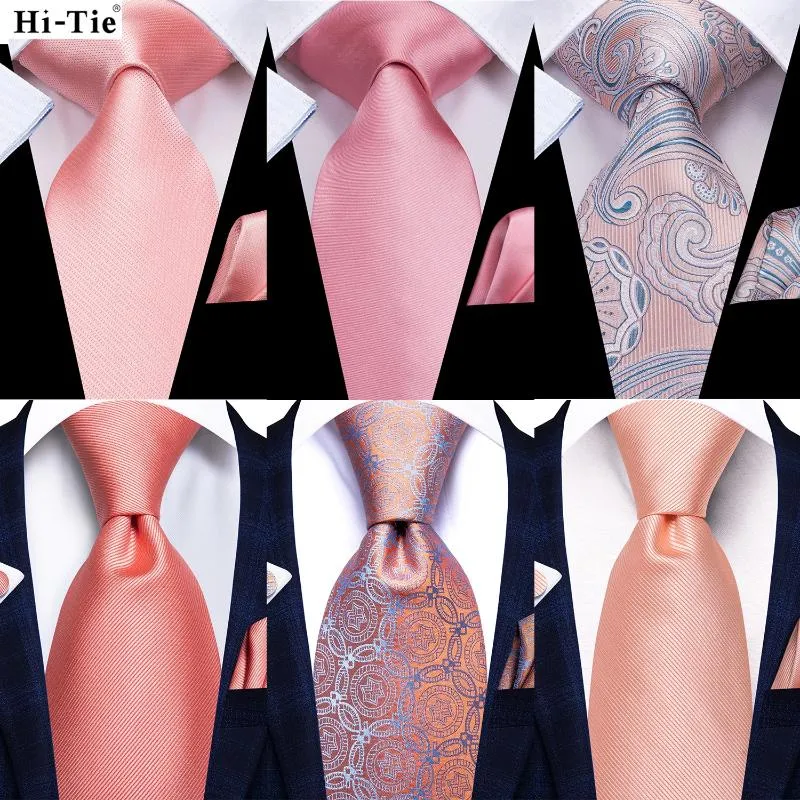 Bow Ties Hi-Tie Erkekler Moda Şeftali Pembe Katı Kabuk Mendil Mendek Kelepçeleri Smokin Aksesuar Klasik İpek Lüks Hediye Kravat