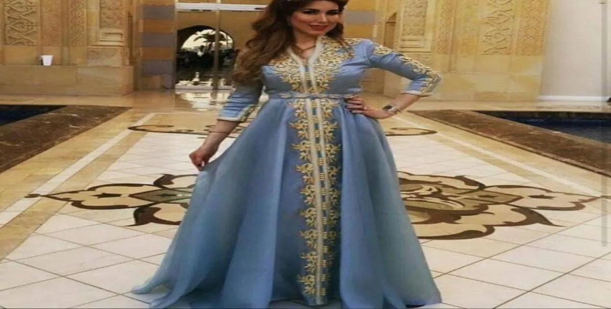 Пепельный синий длинные рукава вечерние платья золотые аппликации мароккань кафтан Дубай арабский мусульманский платье с особым случаем плюс размер вечеринка 3931064