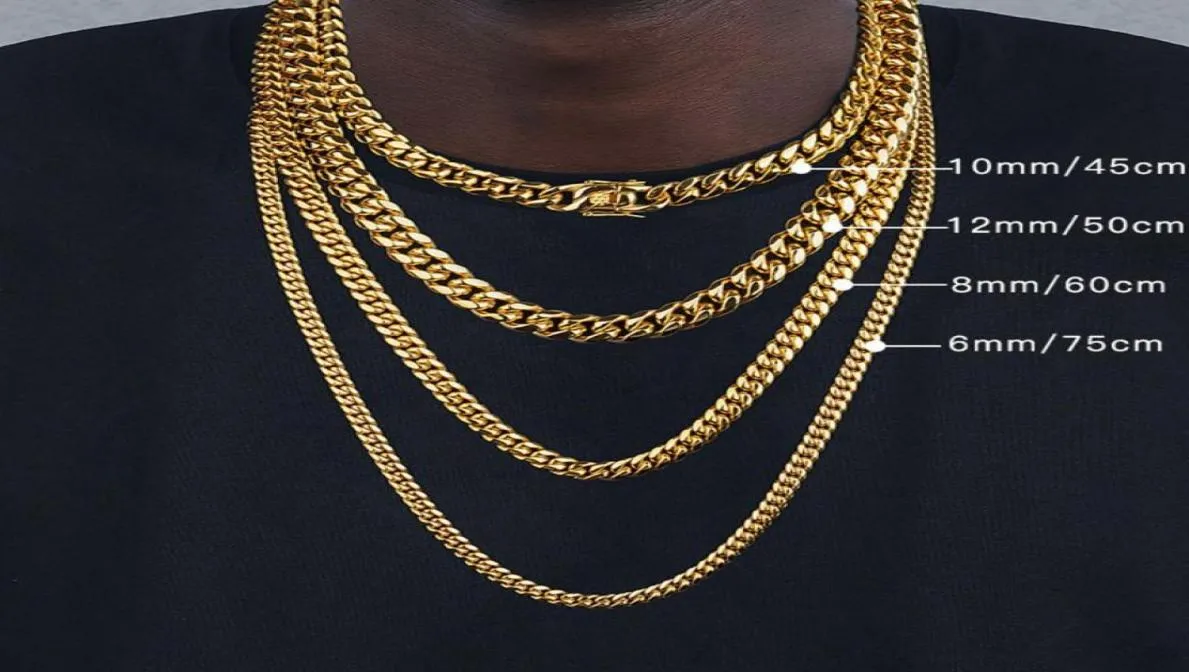 Chaines 6 mm8 mm10 mm12 mm Hiphop 18k plaqué Miami Cuban Link Chaîne Collier en acier inoxydable Collier pour hommes Femmes JewelryChains 9660411