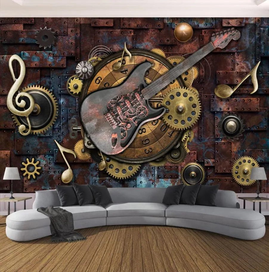 Papel de parede de PO personalizado para paredes 3D Retro Guitar Notes Musical Notes Bar KTV Restaurant Cafe Background Wall Paper Mural Wall Art 3d1512462