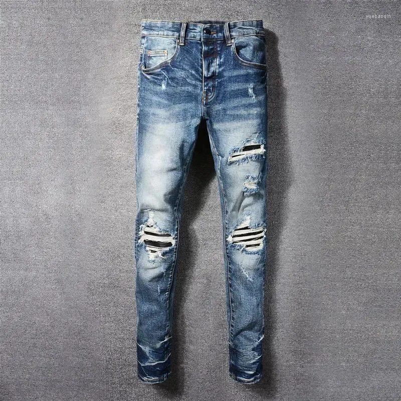 Мужские джинсы Street Fashion Men Men Retro Blue High Caffue Strenge Skinny Ruped Кожаный дизайнер Hip Hop Brants Hip Hop