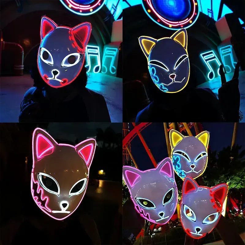 UPS Slayer Glowing Demon El Wire Kimetsu No Yaiba Personnages Cosplay Costumes Accessoires Anime japonais Fox Halloween LED Mask Z 4.13