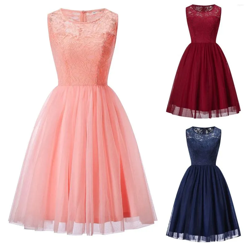 Casual Dresses Women's Cocktail Prom Wedding Guest Short Bridesmaid Ruffle Hem ärmlös spets formell klänning Vestidos Para Mujer