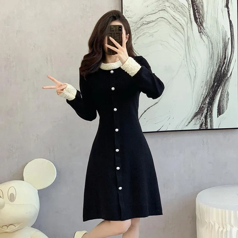 Casual Dresses Black Autumn Winter Sweater Knitted Dress French Women Pearls Beading O Neck Long Sleeve Ladies Office Slim A Line Clothes