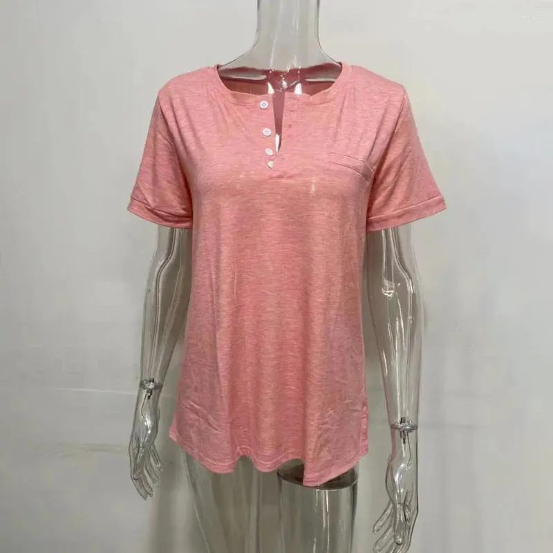 Women's Blouses Soft Women Tee Loose Fit T-Shirt Stijlvol V-hals met knopen Pocket Solid Color Shirt voor de zomer