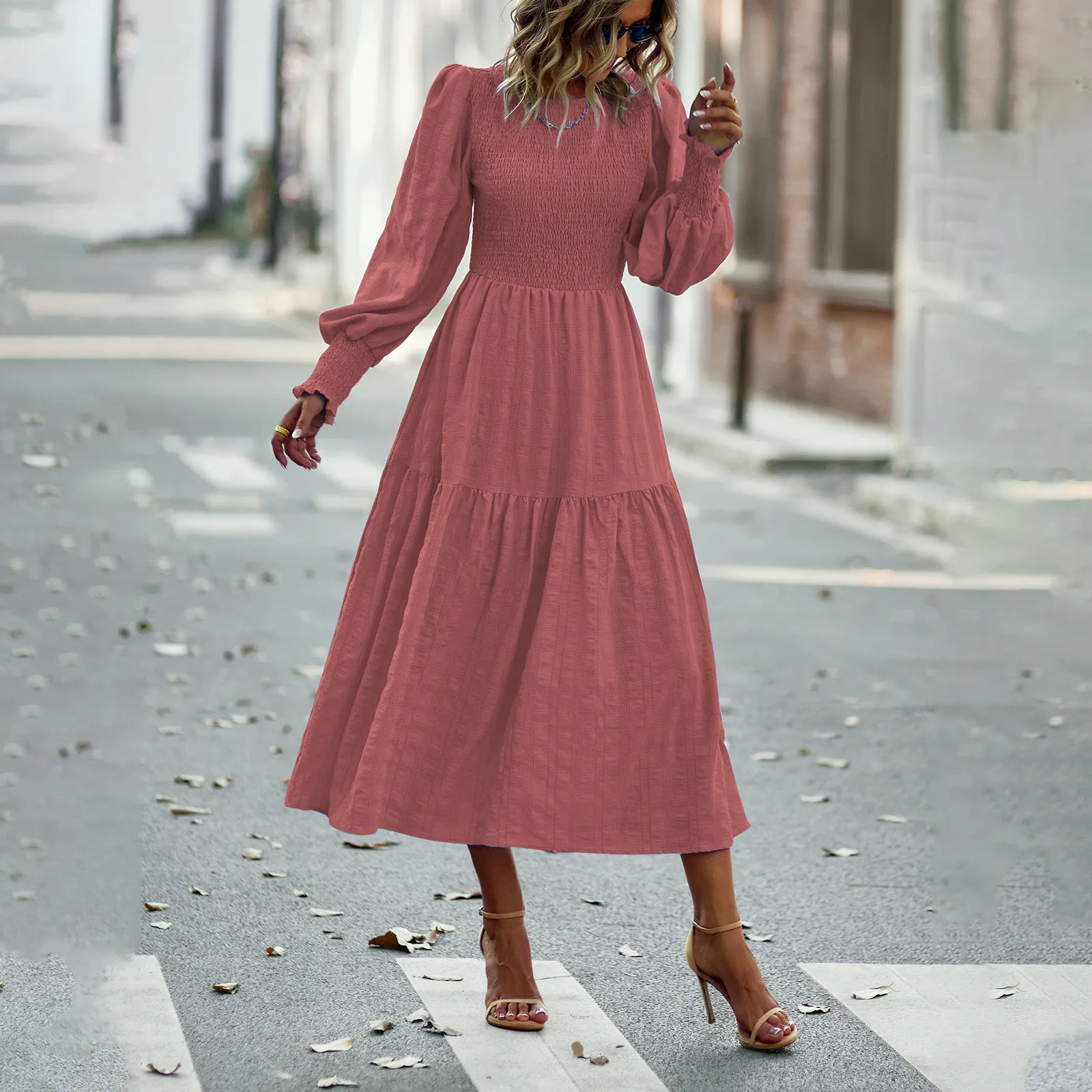 knee length dresses for ladies Petal and Pup Women's Domenica Shirred Long Sleeve Midi Dress - Red Floral Bandana