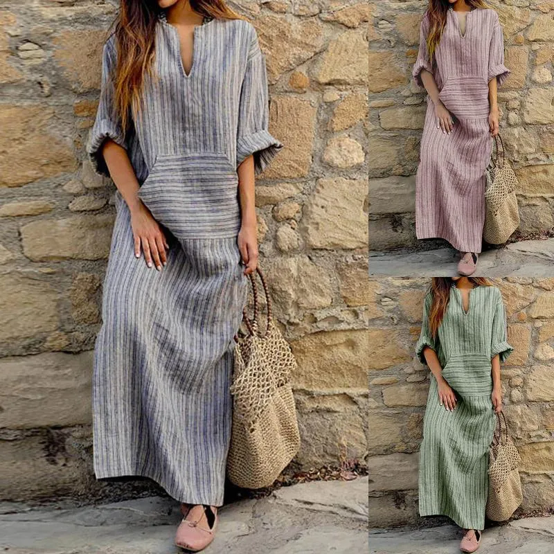 Casual Dresses Summer Loose Rands Long Dress Fashion Sleeve With Pockets Elegant Women's Cotton Linen Maxi