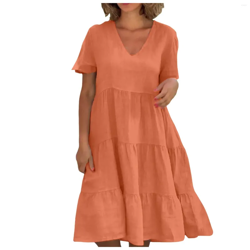 Robes décontractées d'été Velle en V femmes en V pour femmes pour femmes couleurs de couleur solide coule Ruffle Sundress Party Club Club