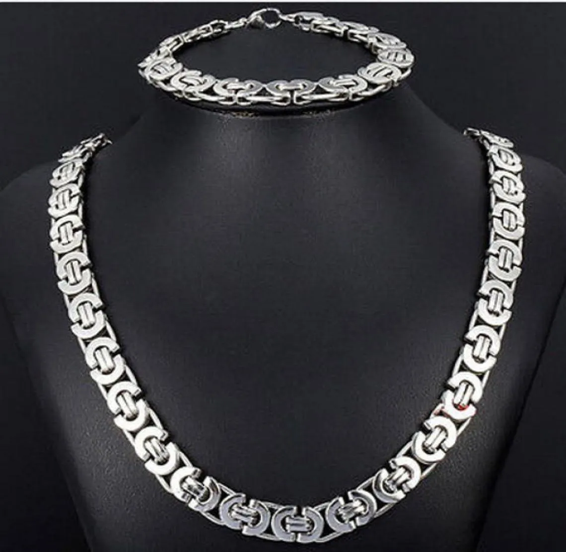 Juego de joyas de nuevo estilo 8 mm Tono plateado plano collar de cadena bizantina Bracelet 316L acero inoxidable bling para hombre de moda xmas gi4420253