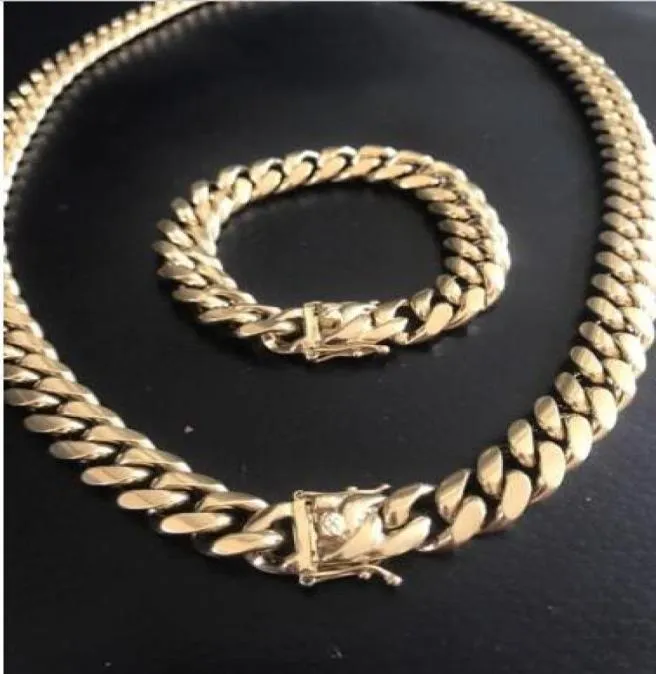 Harlembbling 14 mm hommes Miami Cuban Link Bracelet Chain Set 14k Gold plaqué1956979