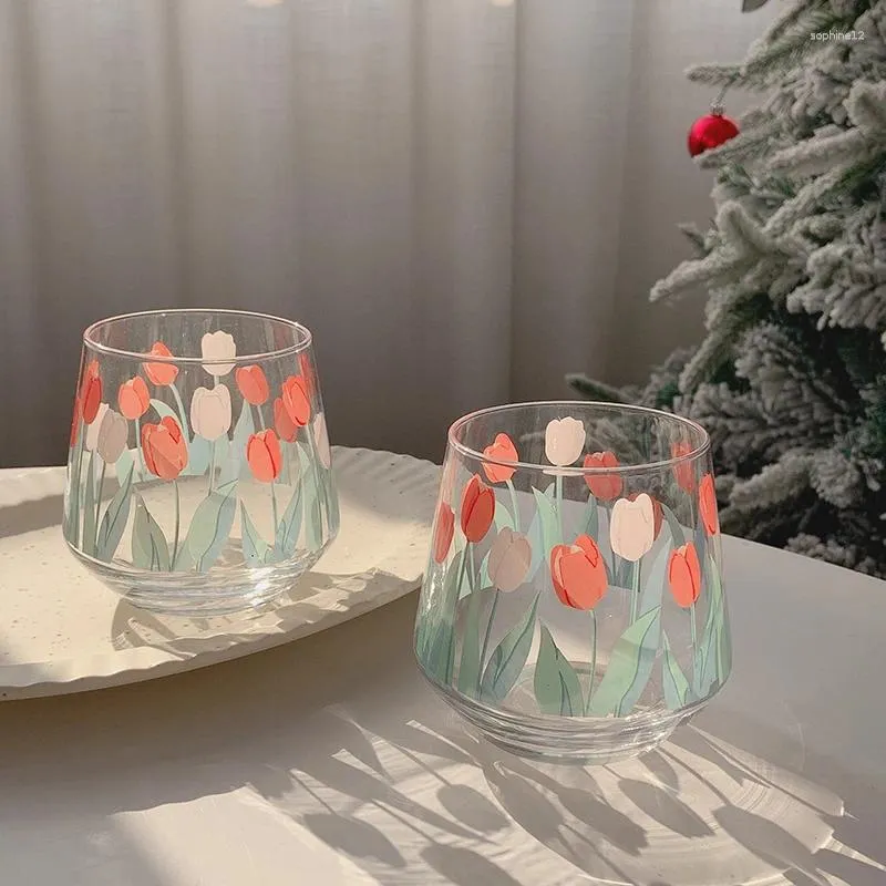Wine Glasses 390ML Japan And South Korea Ins Hand-painted Tulip Flower Glass Cup Household Heat-resistant Drinking Big Belly Mousse