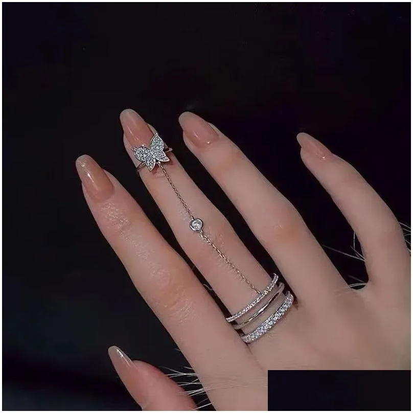 Anneaux de bande 2024 New Zircon Butterfly Tassel Mitten 14K White Gold Ring For Women Design unique Accessoires quotidiens personnalisés Party JE DHHR9