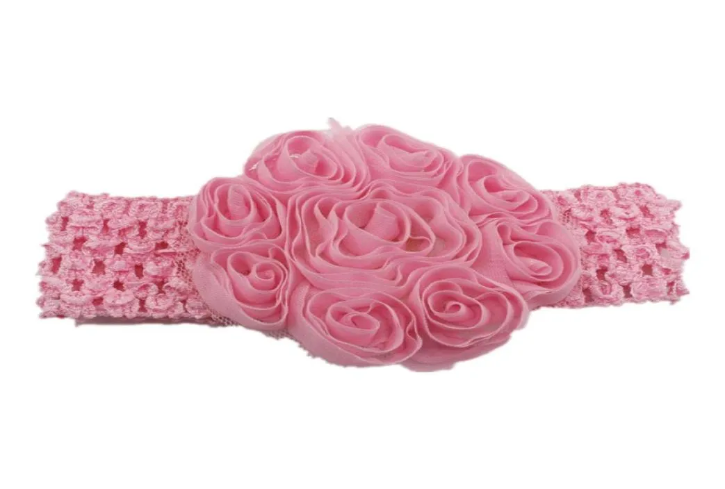 30pcslot 8cm en mousseline de mousseline rosette fleur de fleur de fleur de crochet élastique pour les bébés filles accessoires