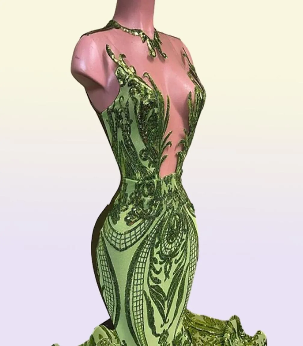 Sparkly paljetter Olive Green Mermaid African Prom Dresses Black Girls Juvel Neck Illusion Long Graduation Dress Plus Size Formell SE7091056