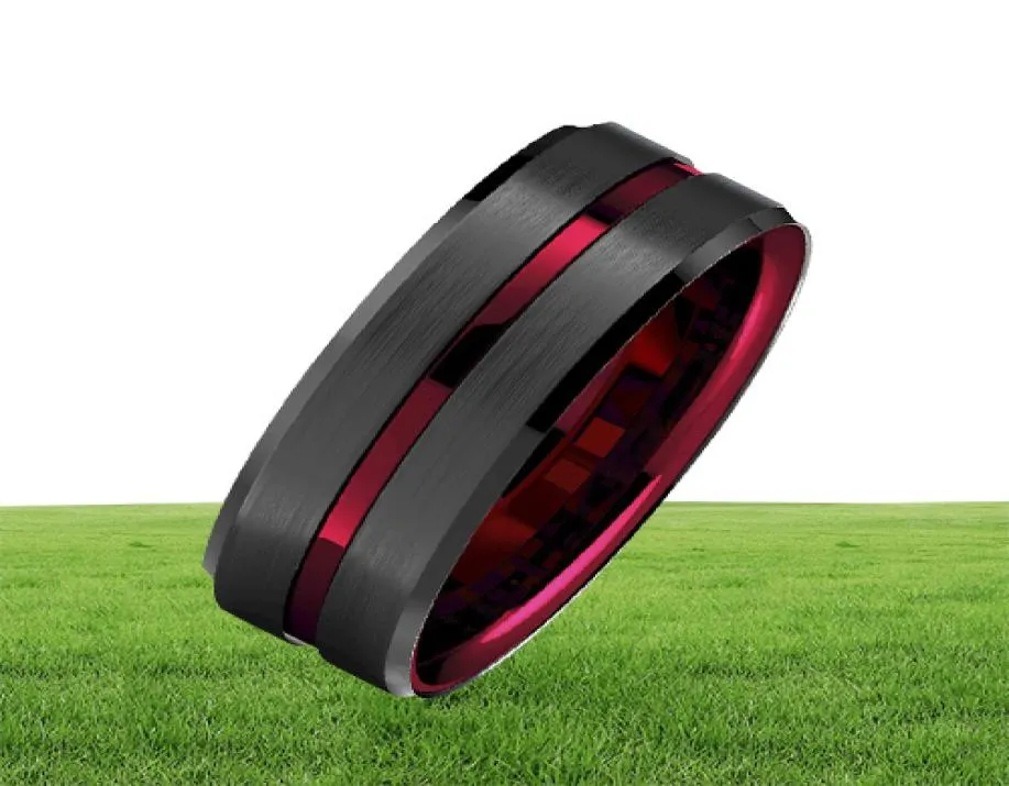 Bague de carbure de tungstène en tungstène en tungstène noir épissant de 8 mm avec bague de mariage intérieure rouge Fit Red