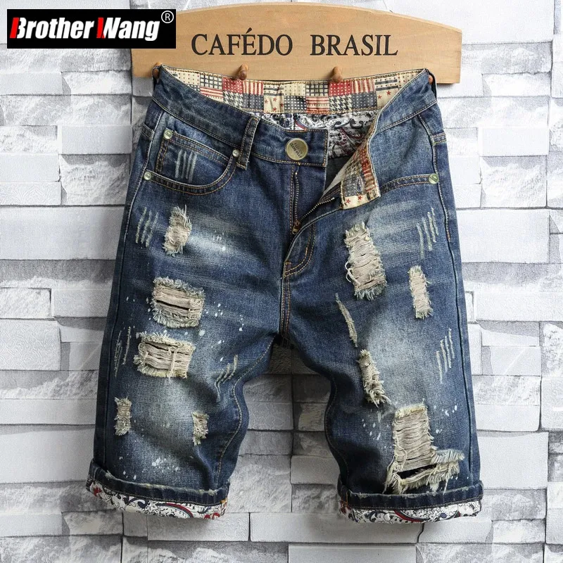 Mens Hole Denim Shorts Summer Fashion Casual Slim Fit Ripped Retro Short Jeans Male Brand 240403