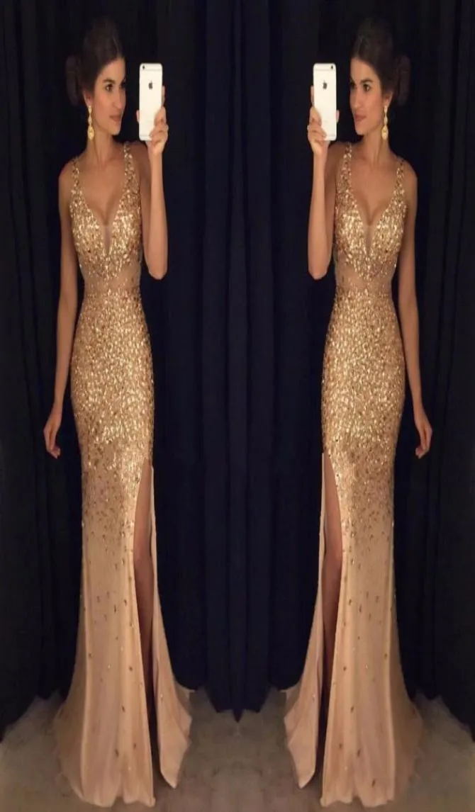 2K17 Sparkle Gold Crystal Prom Dresses Mermaid V Neck High Side Split Evening Dress Floor Length Long Formal Custom Prom Dressess9436617