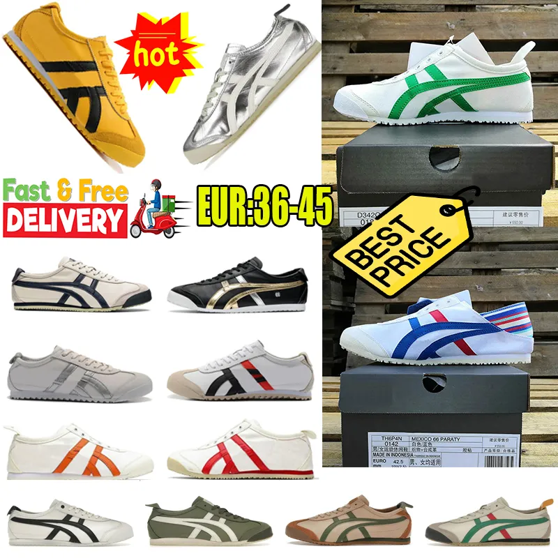 2024 Ny stil casual skor mens mexico 66 slip-on läder snörning sneakers gummi segel svart vit gula kvinnor sporttränare gai tiger