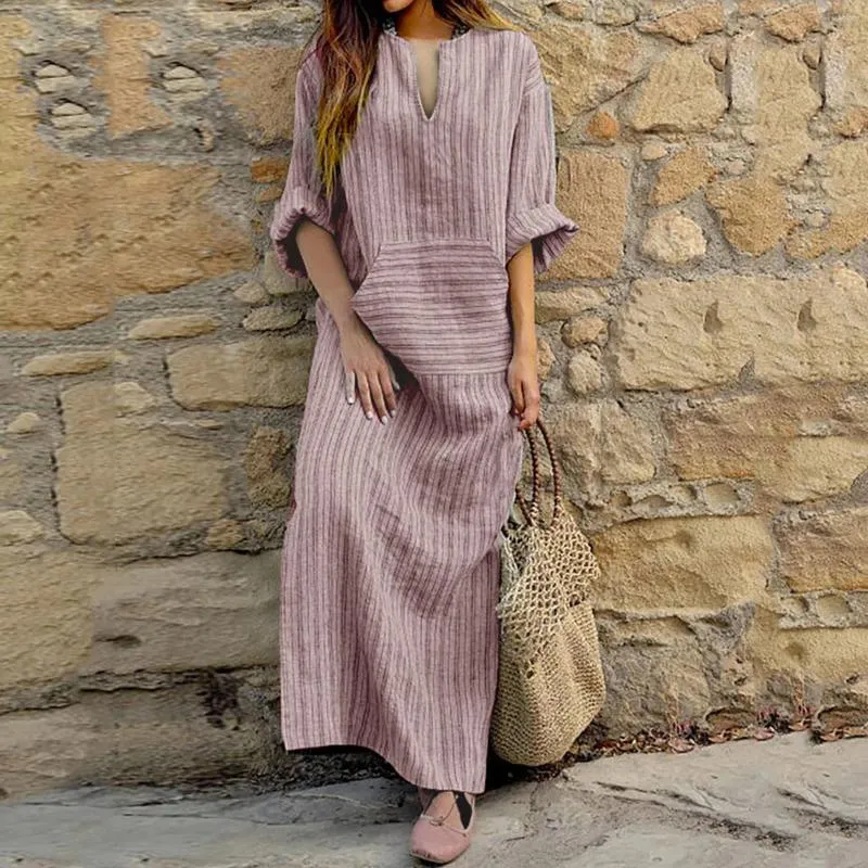 Summer Striped Long Dress with Pockets - Elegant Cotton Linen Maxi for Women