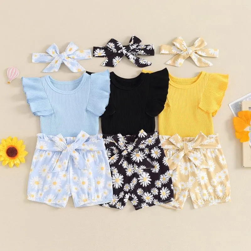 Kleidungssets Fokusnorm 0-18m Schönes Baby Mädchen 3pcs Kleidung Rüschen Ärmel gerippte Strampler Sonnenblumen Druckshorts mit Gürtel Stirnband