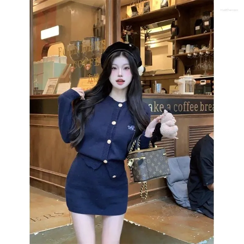 Work Dresses Sweet Girl Preppy Style Knitted Suit Women's Winter Embroidered Thick Sweater Mini Skirt Two-piece Set Fashion Female Clothes