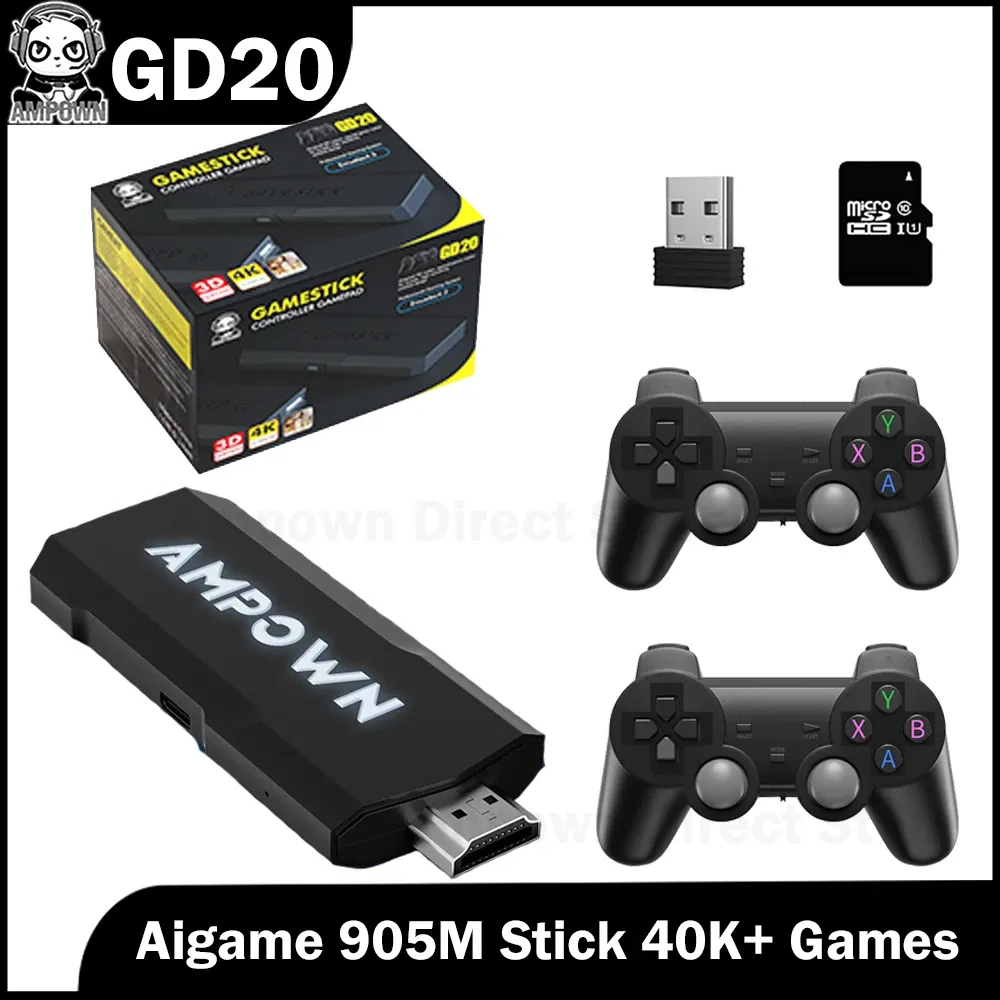 Consoles Ampown GD20 4K Game Stick Video Game Console 2.4G Wireless Controller CPU AIGAME 905M EMUELEC4.3 Support Retro 40K+ Games GD 20
