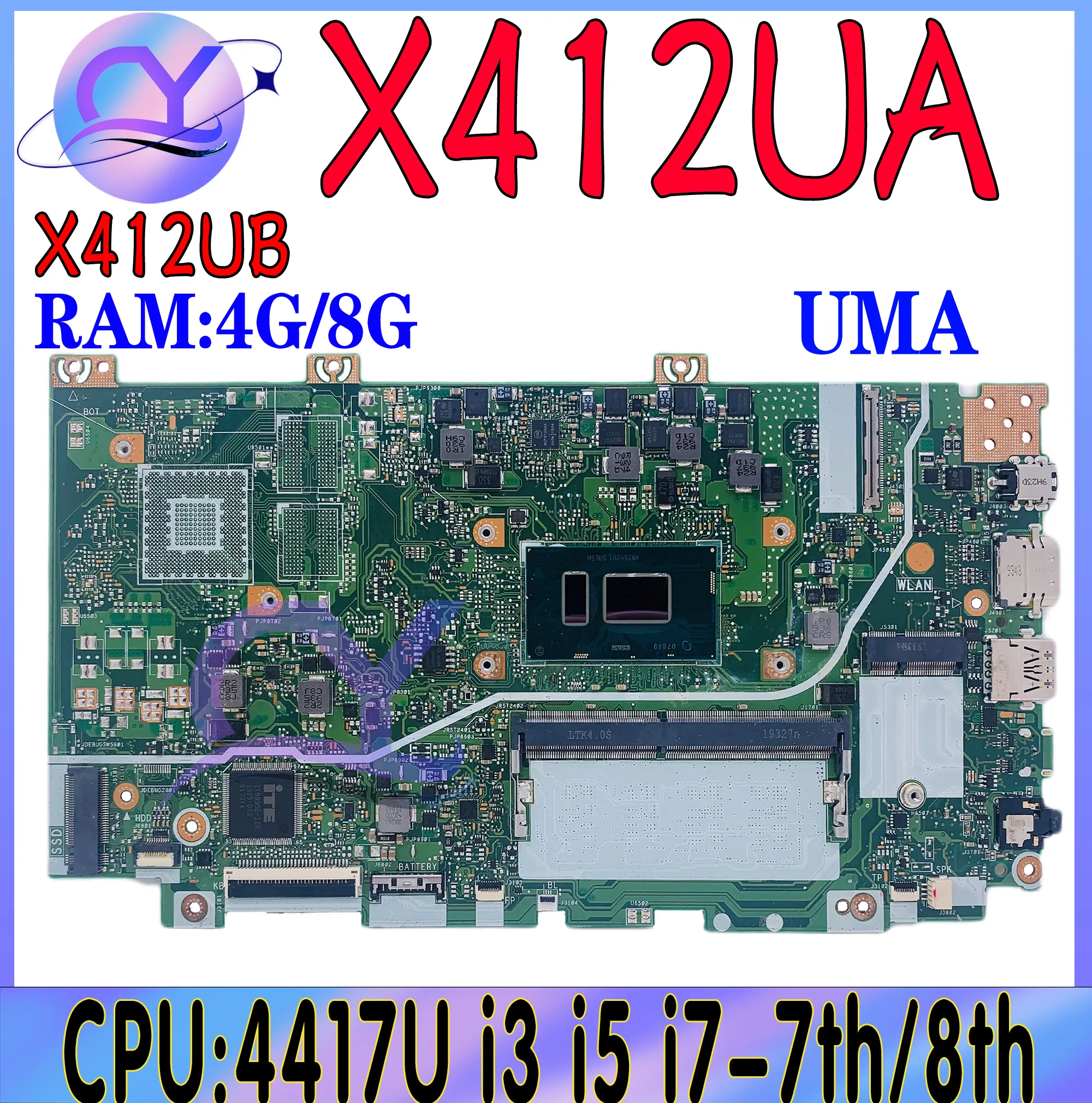 X412UA Laptop Motherboard for ASUS Vivobook 14: i3-8130U/i5-8250U/i7-8550U  CPU, GPU UMA/940MX, Compatible with X412 X412UB X412UF F412U A412U Series