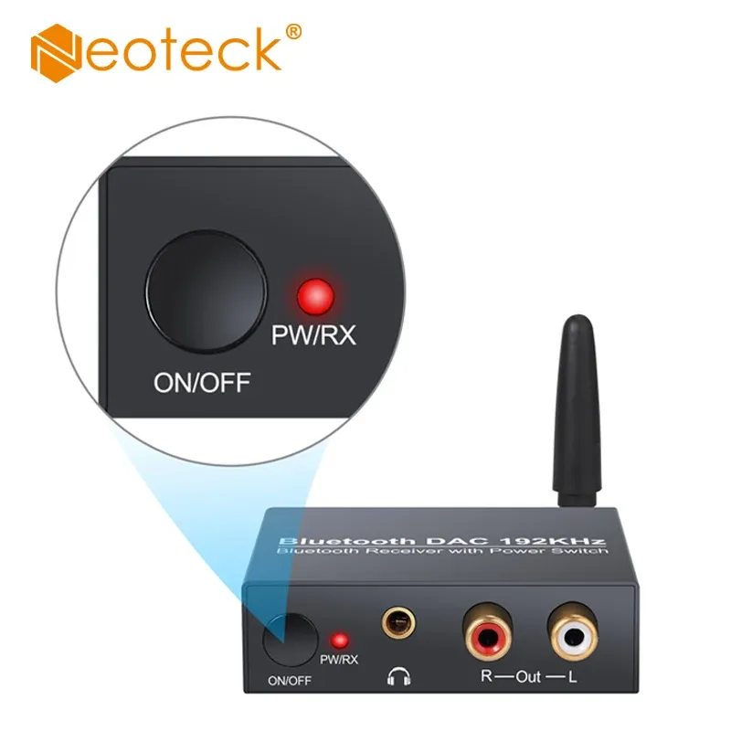 Connectores Neoteck Digital to Analog Audio Converter com energia ON ou OFF BUTTOM Bluetooth DAC Converter coaxial óptico para RCA 3,5mm Jack