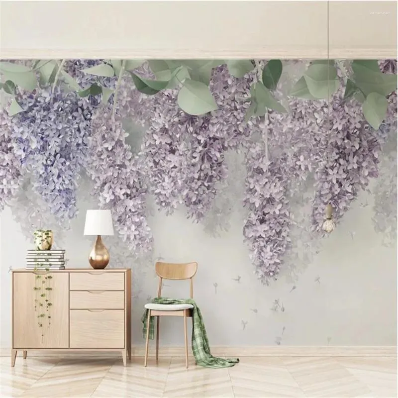 Bakgrundsbilder Milofi Vackra Lilac Wisteria Flower 3D Stereo Bröllopsrum Bakgrund Vägg Stor väggmålning