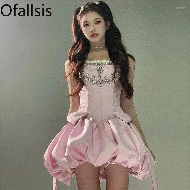 Party Dresses Ofallsis Pink Diamonds Birthday Strapless Dress 2024 Summer Sweet Fairy Sexy High-end Fluffy Short Slim Female