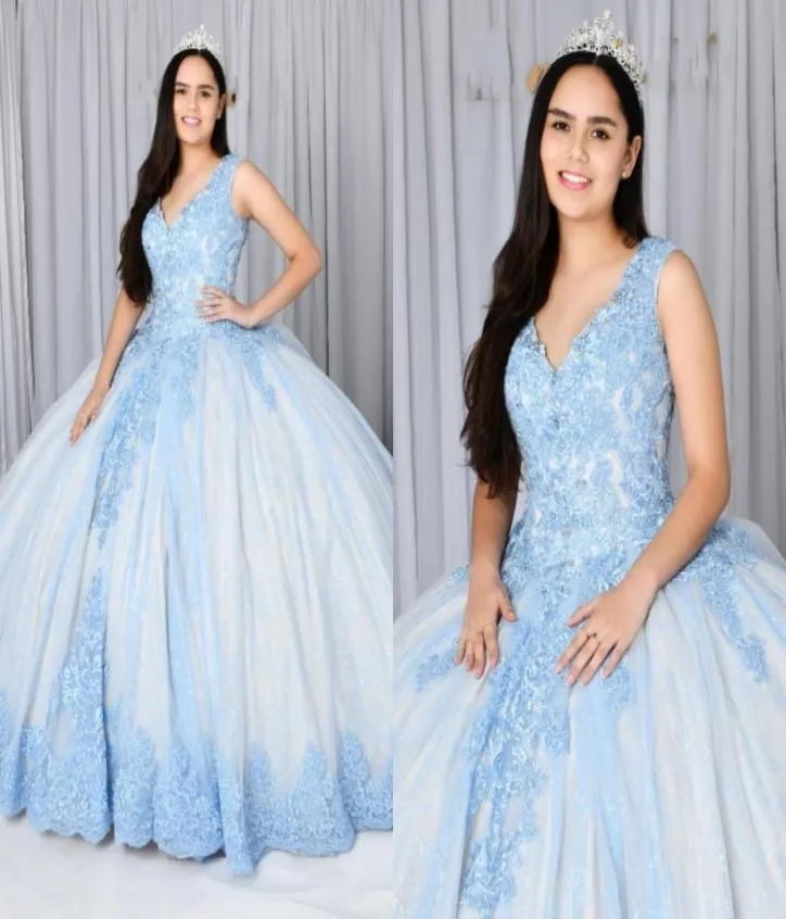 Vneck quinceanera robes bleu en dentelle de lace en lacet clair robe de bal à dos sweet 16 filles robes de soirée formelles vestidos6897171