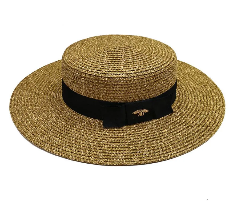 Kadınlar Geniş Kötü Şapka Altın Arı Saman Kapağı Kadınlar Moda Düz Üst Dokuma Kapakları Kız Kuyruğu Şapk Yazı Güneş Şapkaları Vintage Visor1606582