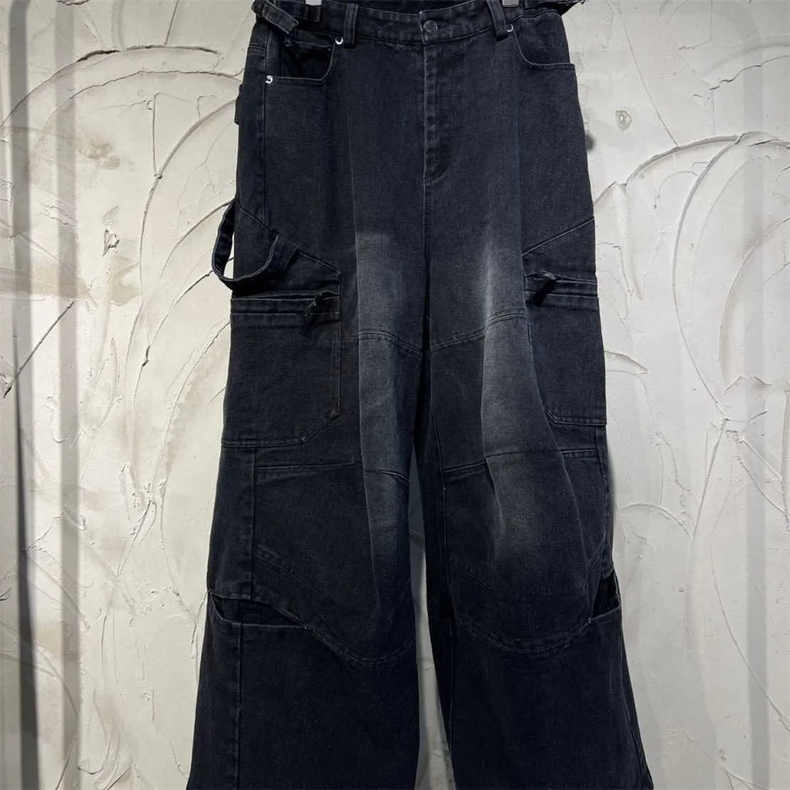 Högkvalitativ designerkläder Paris Rätt utgåva Jeans Träskärmbyxor tvättade svartgrå rak fatlast Nagel Hårdvarupar Stil
