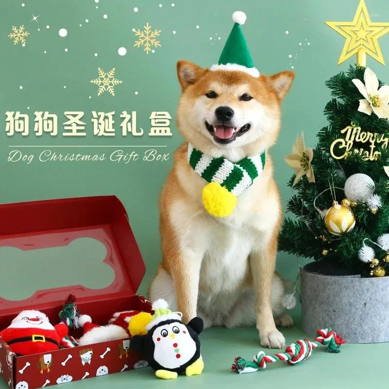 犬のアパレルドッグスクリスマスおもちゃストライプスカーフハットセット冬のペットのための箱付きメリーギフト装飾アクセサリーサンタおもちゃ