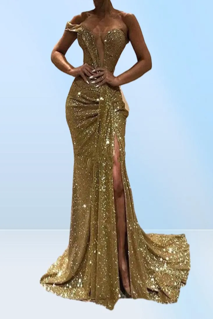 Paillettes d'or modestes une épaule robes de bal plis sirène rochent la fente latérale sexy plongée sur mesure de longues robes de fête en soirée6224497