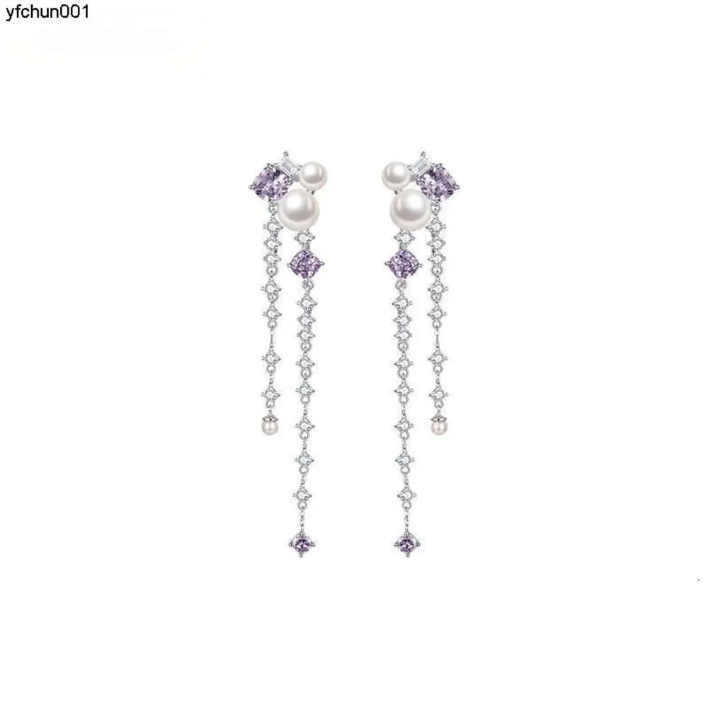 Designer Ziluo Fanxing Series Long Tassel Earrings Womens French Artificial Pearl Silver Needle Purple Purple