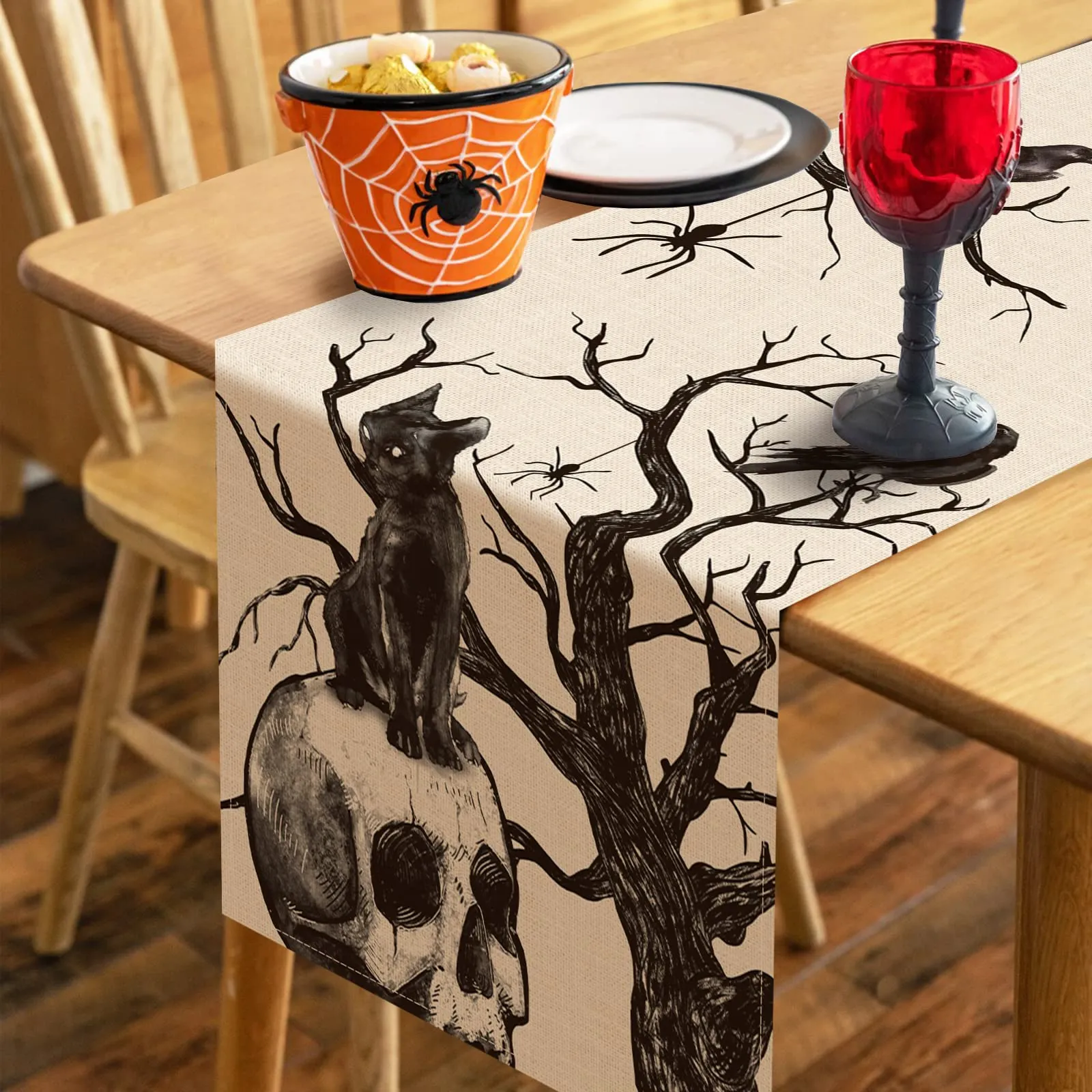 Skull Table Runner Black Cat Crows Halloween Tablecloth for Party Event ...