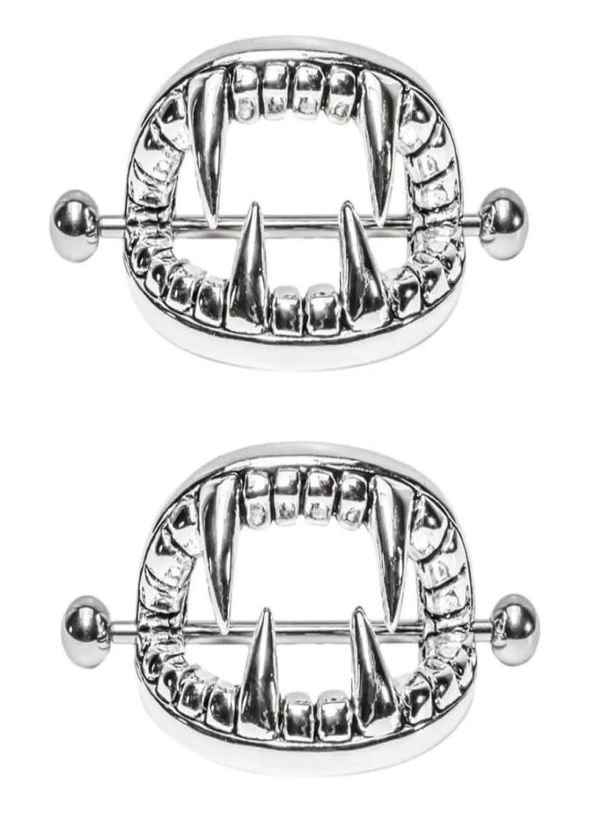 Whole Silver Plated Punk Gothic Stainless Steel Vampire Teeth Nipple Ring Women Body Piercing Jewelry Accessory5862169