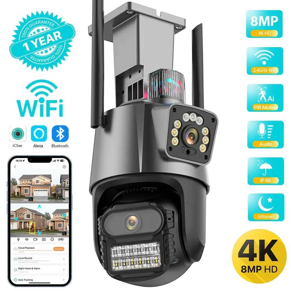 IP-kameror utomhus WiFi PTZ Camera 4K 8MP HD Dual-Lens Dual Screen Camera AI Auto Tracking 4MP Video Surveillance Police Light Alarm ICSEE 240413