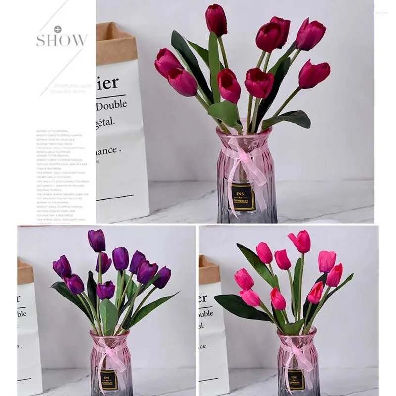 Kwiaty dekoracyjne 2PCS sztuczne fałszywe tulipany Soft prawdziwy dotyk Mini ręka Faux Flower Bukiet Dekoracja ślubna Domowe ozdoby biurka