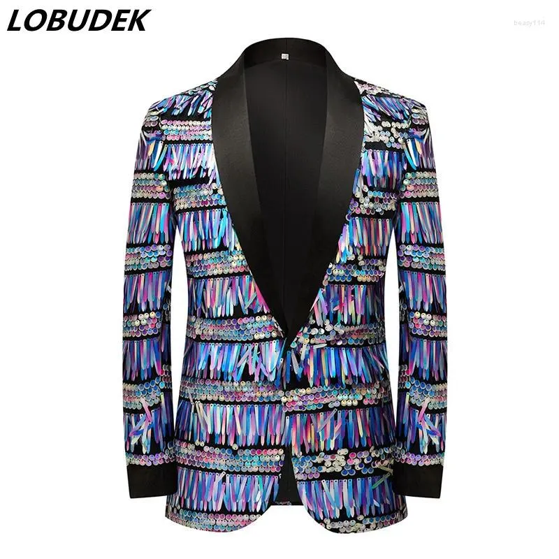 Stage Wear Fashion Singer Concert Glitter Sequins Blazers Colorful Blue Mirror Tassel Tuxedo Suit Jackets Prom Party Show Costume