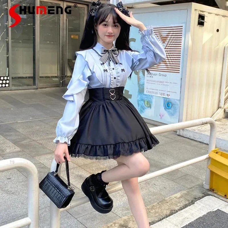 Vestidos de trabalho Japanes Lolita Mine Seri Suit Buffle Waist aparar camisa de costura Blusa de renda Mini saias de duas peças definidas