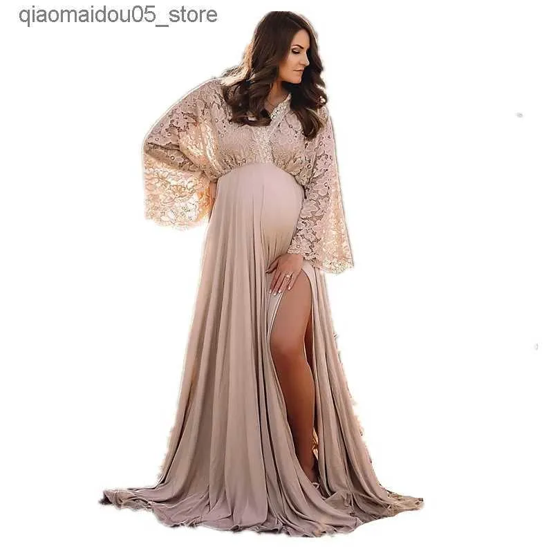 knee length dresses for ladies Boho Vintage Lace Maxi Maternity Long Dress Photoshoot Gown, Rust Red / XL main image 1