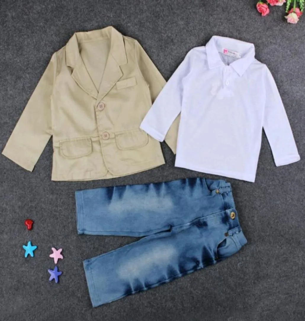3pcs Gentleman Style Roupas de menino de menino Conjuntos de camisa de manga comprida e jeans Terno do corpo Crianças Clothing1723347