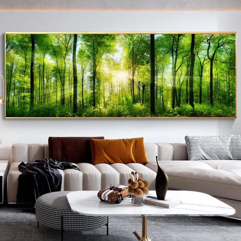 風景の緑色の黄色の森の木のキャンバス絵画日光ポスターとプリントウォール写真リビングルームの家の装飾フレームなし