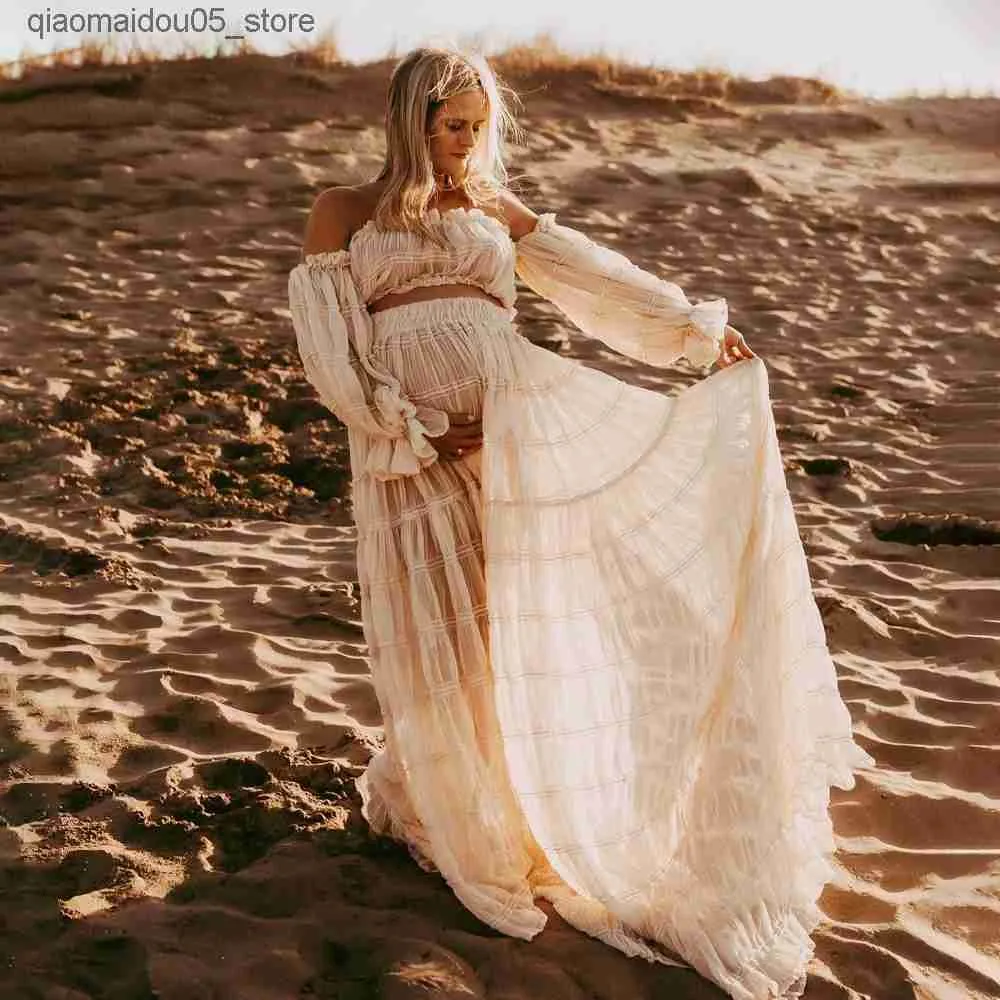 Bohemian maternity dress ankle-length chiffon asymmetrical silhouette  shoulderless neckline for pregnancy photos