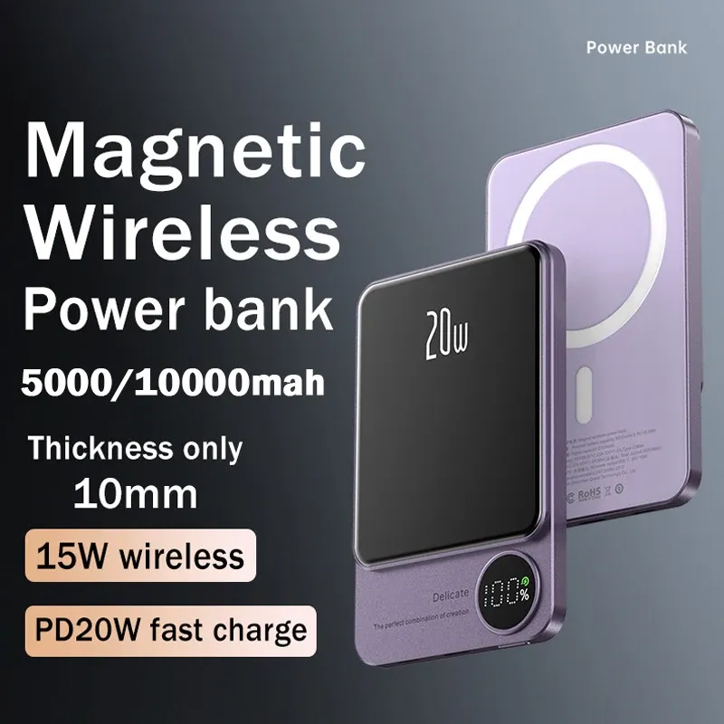 Bank Magnetic Power Bank 15W Wireless Vaso rapido per Xiaomi Samsung IPhone Tack Battery Pacco MacSafe PowerBank Caricatore portatile