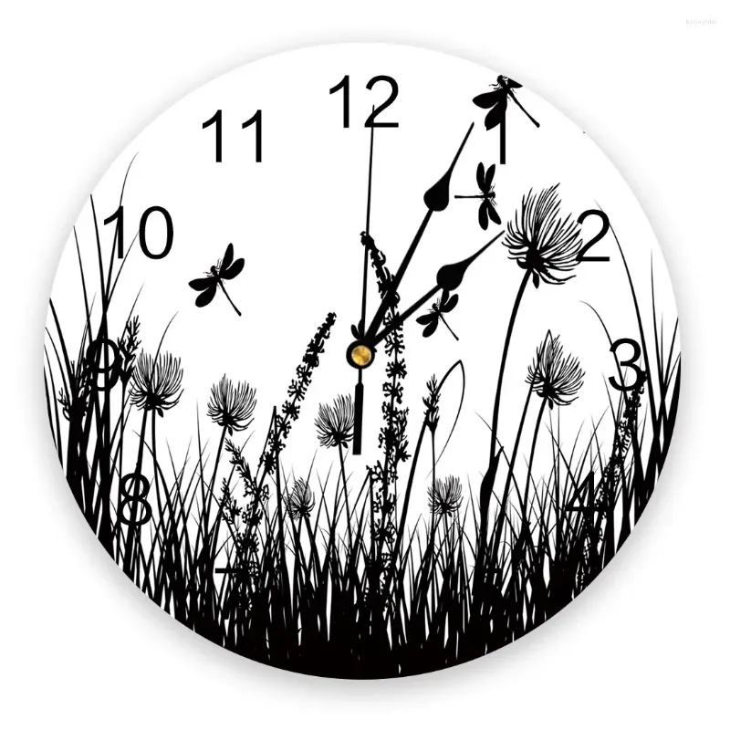 Wall Clocks Black Flower Grass Dragonfly Clock Decorative For Living Room Kitchen Bedroom Home Office Silent