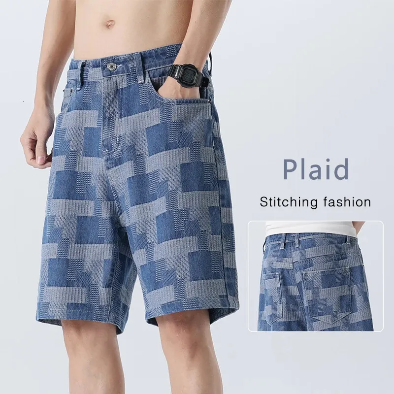 Mode Plaid Denim Shorts for Men Summer rakt casual skarv Jeans Streetwear Baggy Wide Short Pants Male 240410